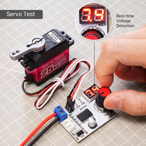 Digital Servo Tester For RC Systems, showing voltage display and one channel motor controller with centering tool for RC cars and drones.