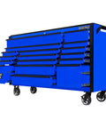 Kickass 72 Inch Triple Bank Rolling Tool Cabinet With 17 Heavy Duty Ball Bearing Drawers Quick Release Handles High Gloss Powder Coat Finish garage shop storage in blue.