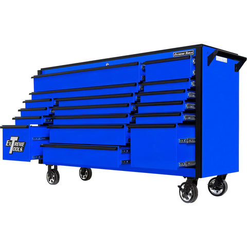 Kickass 72 Inch Triple Bank Rolling Tool Cabinet With 17 Heavy Duty Ball Bearing Drawers Quick Release Handles High Gloss Powder Coat Finish garage shop storage in blue.