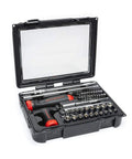 Ratcheting GearDriver Screwdriver Set 56 Pc with interchangeable shafts and handles in hard case, tools organized neatly.