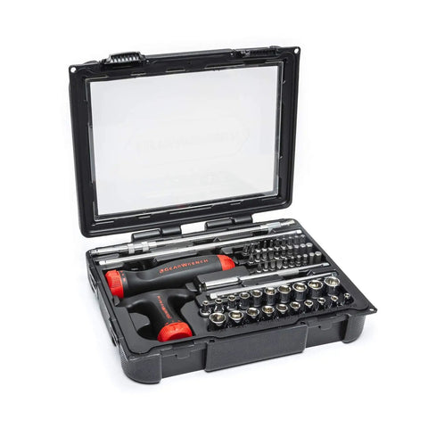 Ratcheting GearDriver Screwdriver Set 56 Pc with interchangeable shafts and handles in hard case, tools organized neatly.