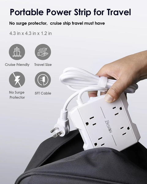 Person holding Ultra Fast PD20W USB C Power Strip With Surge Protection, 4 AC Outlets, showing flat plug and long cord.