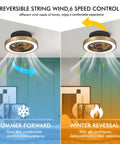 Enclosed Low Profile Ceiling Fan With Light In Modern Gold showing reversible airflow for summer and winter modes in living room.