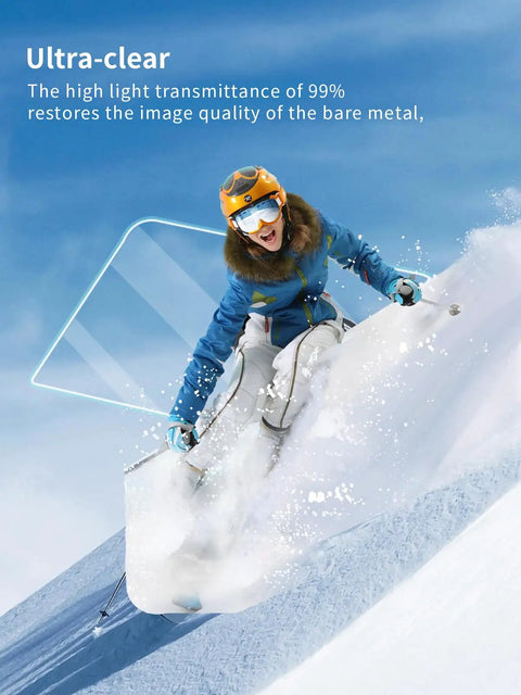 Skiing on snowy slope with HD Clear Nanofilm, showcasing clarity of Premium Garmin Approach R50 Screen Protector Pro Grade