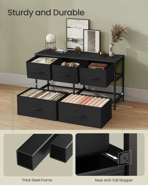 Totally Five Drawer Dresser For Bedroom And Entryway, Steel and MDF chest with nonwoven fabric bins, shown in a living room setting.