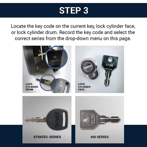 Replacement Rotary Latch Kit And Handle For Challenger ST Service Body Side Compartment Doors showing key code identification steps.