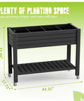 Elevated 21 Gallon Garden Bed With Legs And Wheels, Planter Box With Drainage Plug And Gauge, Handy Lower Shelf For Tools, Soil And Accessories, Dust Proof Resin For Patio Or Backyard, Black shown in side view.