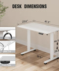 47.2 Inch Electric Standing Desk With Wood Desktop Height Adjustable Sit Stand Workstation, white finish, desk dimensions shown.