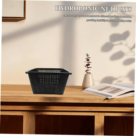 Hydroponic Plant Basket Net Pots 2 Pack For Veggie Growing, Lightweight black plastic mesh pot on wooden shelf