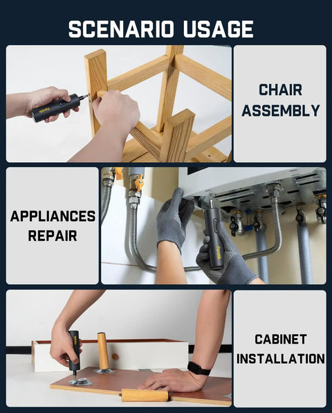 Capsule Cordless Screwdriver All In One Kit With High Torque used for chair assembly, appliance repair, and cabinet installation.