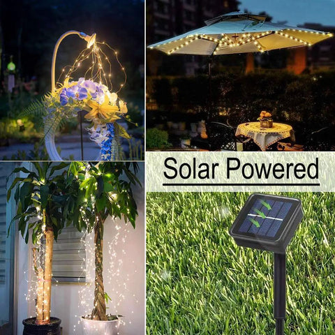 Outdoor Solar Fairy String Lights Watering Can Waterfall Effect 9 Strands Of 180 LEDs illuminating garden and patio