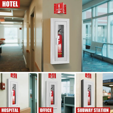 Recessed Fire Extinguisher Wall Cabinet In Galvanized Steel For 10 Lb Extinguishers, Magnetic Door, White Acrylic High Position Sign
