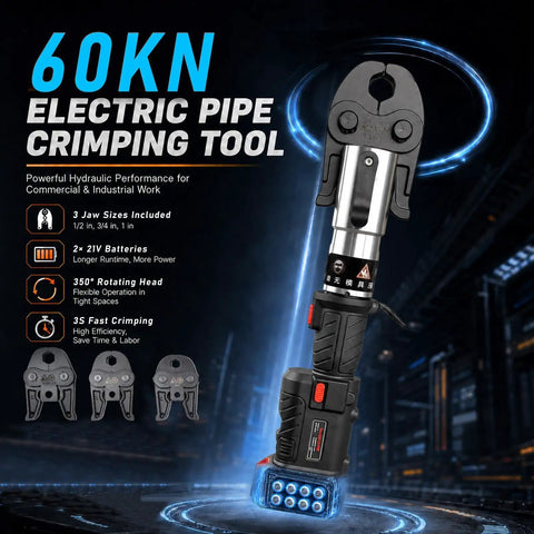 360 Degree Rotating 60Kn Cordless Hydraulic Electric Pipe Crimping Tool For Copper Pipes with jaw sizes and battery indication.