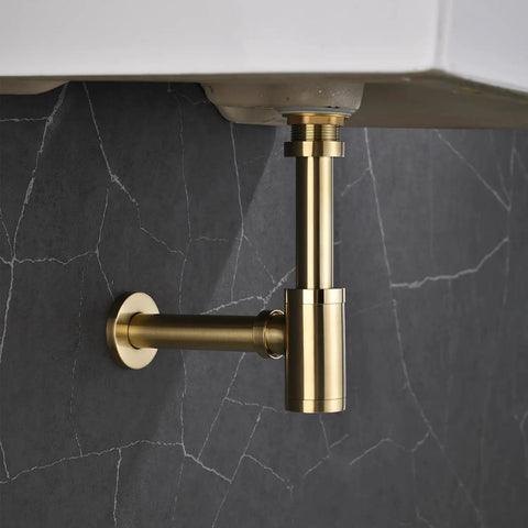 Premium Brass P Trap Kit For Bathroom Sink Drain One And One Quarter Inch Inlet Round Bottle Style With Adjustable Lavatory Waste Drain Rust Resistant Brushed Nickel Gold Finish Modern Sleek Look No Fuss Install Exposed Drain Solution visible under sink