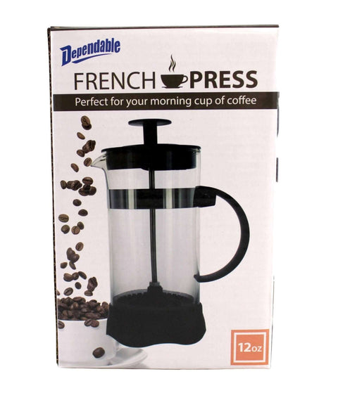 Box of 12 Ounce Glass French Press Coffee And Tea Brewer for single cup brews, featuring durable heat resistant glass and plastic exterior.