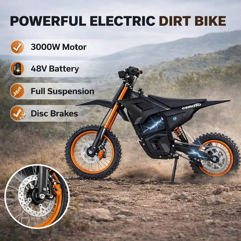 Trail-Ready Electric Dirt Bike For Adults With 3000W Peak Motor 40 MPH Top Speed 48V Battery 53 Mile Range Dual Hydraulic Brakes