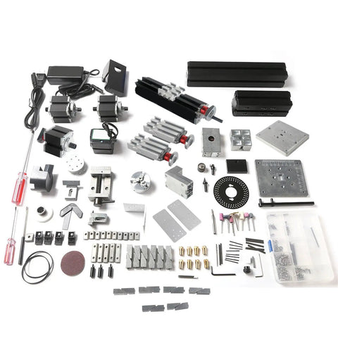 Components and accessories for the FTVOGUE Z8000M Mini Lathe for precision DIY and model making, showcasing metal parts and tools.