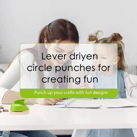 Mother and child using All In One Circle Punch Set for scrapbooking and DIY card making, includes circle punches for craft projects.