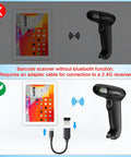 Diagram of wireless barcode scanner showing correct and incorrect 2.4GHz wireless and USB 2.0 connections to a tablet.