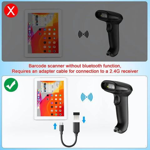 Diagram of wireless barcode scanner showing correct and incorrect 2.4GHz wireless and USB 2.0 connections to a tablet.