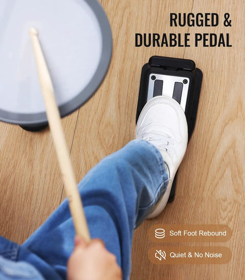 Foot pressing pedal of Electric Drum Set For Beginners And Kids That Slaps With 7 Inch Quiet Mesh Pads on wooden floor