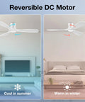 52 Inch Smart Wood Ceiling Fan With Lights showing reversible DC motor for summer and winter use in modern settings