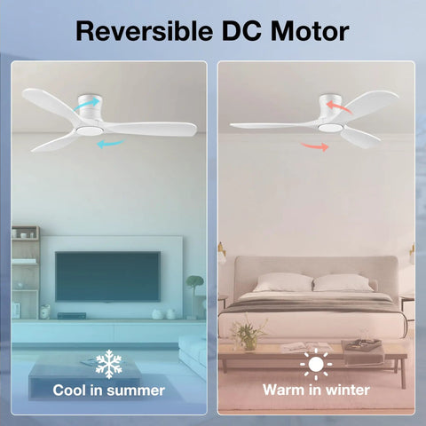 52 Inch Smart Wood Ceiling Fan With Lights showing reversible DC motor for summer and winter use in modern settings
