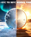 Heavy Duty LR44 AG13 357 Alkaline Button Cell Batteries 10 Pack 1.5V coin cell with frost and flames illustrating temperature range.