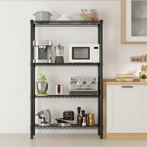 Heavy Duty Hella Sturdy Four Tier Metal Wire Shelving Unit With Adjustable Shelf Levels Badass Black Steel Storage Rack with kitchen appliances.