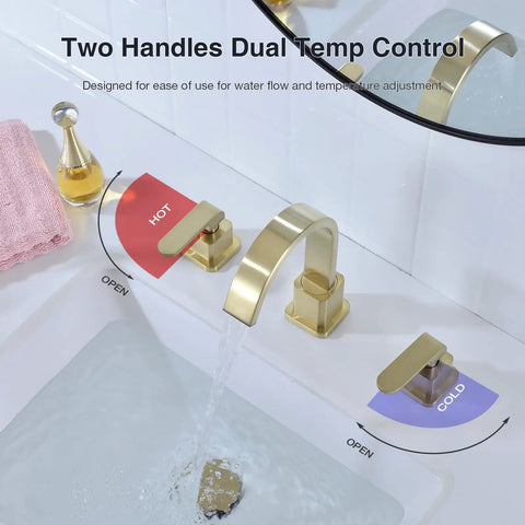 Sleek Brushed Gold 8 Inch Deck Mount Bathroom Faucet With 3-Hole Brass Square Waterfall Aerator, dual handle temperature control