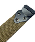 Close-up of Khaki Thompson Kerr Rifle Sling US World War I Canvas Gun Strap for M1903 Springfield, steel fittings visible