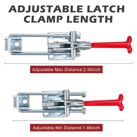 Two Pack 2000lb Heavy Duty Toggle Clamp Set, 7.87 Inch Self-Locking U-Bolt Latch showing adjustable max and min distances