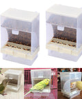 Two Piece No Mess Automatic Bird Feeder For Pet Cages, transparent seed dispenser for small birds, easy clean design.
