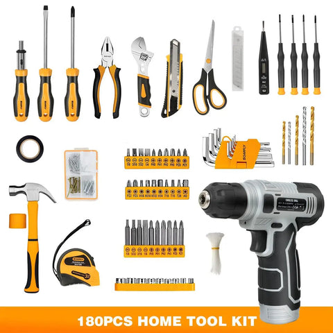 Upgradd 180 Piece Tool Set With 8V Cordless Drill Lightweight Home Repair Kit displayed with various hand tools and accessories