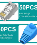 Image showing a 50-pack of Cat6 Shielded Pass Through RJ45 Connectors With Strain Relief Boots, modular Ethernet plugs.