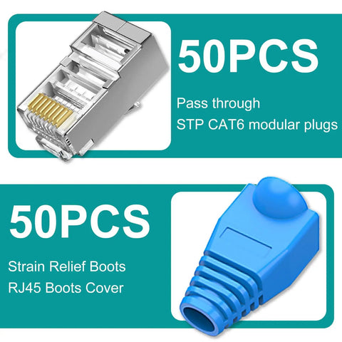 Image showing a 50-pack of Cat6 Shielded Pass Through RJ45 Connectors With Strain Relief Boots, modular Ethernet plugs.