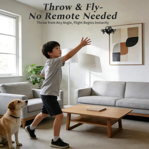 Child playing indoors with Mini Gesture Control Drone for kids, dog watching in living room, no remote needed.