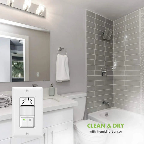 Dual Tech Humidity Sensor Switch With PIR Motion For Hands-Free Bathroom Ventilation And Light Control, installed in a modern bathroom