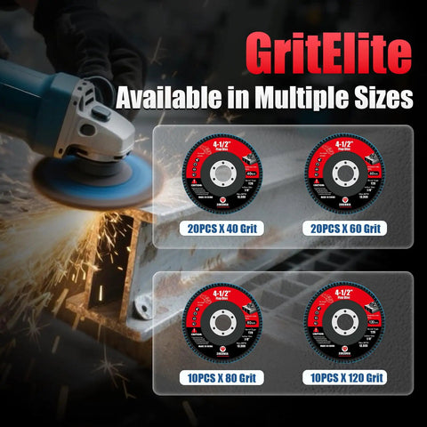 60 Pack Flap Discs 4 1/2 Inch For Angle Grinder Set With 40 60 80 120 Grit Type 29 Zirconia Abrasive Wheels shown with grinder in use