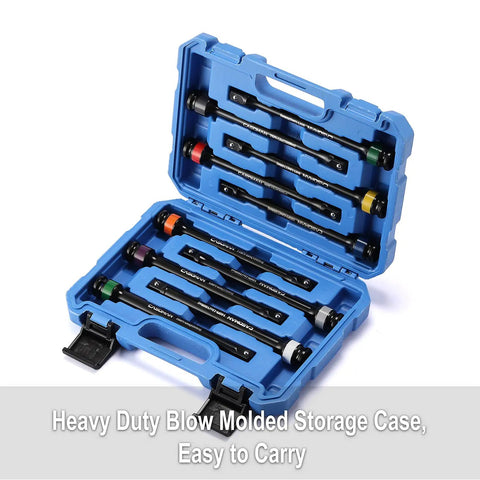Half-Inch Drive 8 Inch Color-Coded Torque Extension Bar Set, 10-Piece in blue storage case, Heavy-Duty Chrome Molybdenum Steel