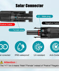 Diagram of 10 AWG Solar Extension Cable 2ft Black And 2ft Red Twin Wire, Male to Female Tinned Copper connectors labeled.