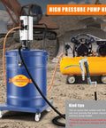 Heavy Duty 10 Gallon Pneumatic Grease Pump Delivers Shop Grade Pneumatic Power With Smooth 80 To 1 Ratio And Boss Level 69 Mpa Output For No Sweat Garage Lubrication Plus Wheeled Rolling Cart Base next to an air compressor.