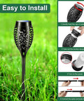 8 Pack 12 LED Solar Torch Lights With Flickering Flame For Garden Pathway Lawn Yard Patio Waterproof Outdoor Decor Lamp Tiki Torch Vibe No Wiring Easy Setup showing installation steps and close-up of single torch in garden.