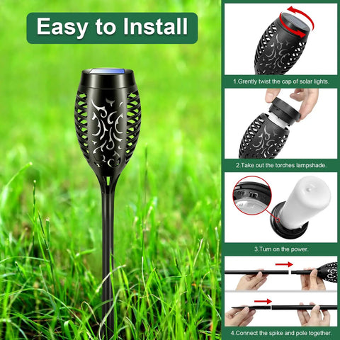 8 Pack 12 LED Solar Torch Lights With Flickering Flame For Garden Pathway Lawn Yard Patio Waterproof Outdoor Decor Lamp Tiki Torch Vibe No Wiring Easy Setup showing installation steps and close-up of single torch in garden.