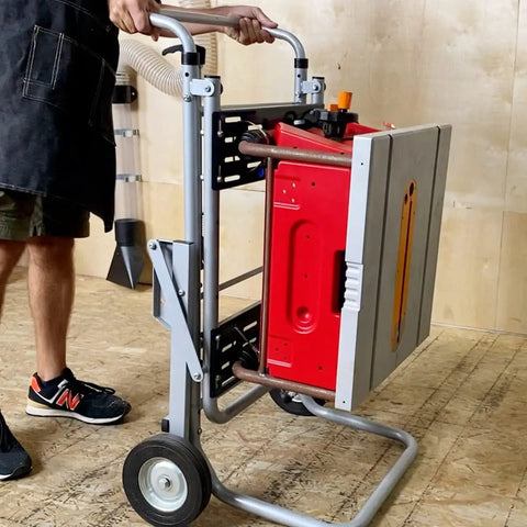 Rolling Foldable Table Saw Stand With 8 Inch High Traction Wheels being moved in workshop