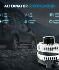 Beefed Up 130A High Output Alternator Replacement for Honda Odyssey 2011 2013 3.5L, Honda Pilot 2012 2015 3.5L, Ridgeline 2012 2014 3.5L with Internal Regulator and Fan displayed with specifications