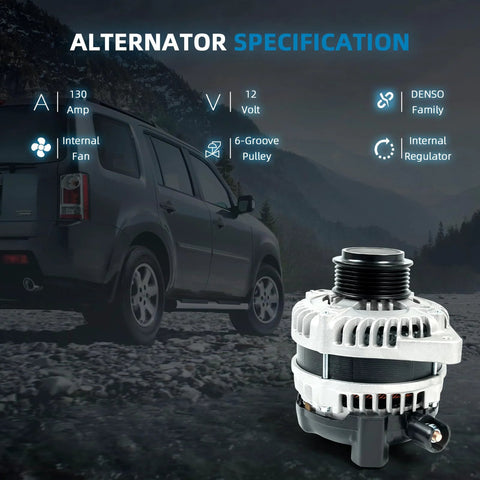 Beefed Up 130A High Output Alternator Replacement for Honda Odyssey 2011 2013 3.5L, Honda Pilot 2012 2015 3.5L, Ridgeline 2012 2014 3.5L with Internal Regulator and Fan displayed with specifications