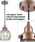 Red Antique Copper Glass Pendant Light With Cracked Glass Shade, dope dimmable hanging fixture, close-up of brushed red copper metal
