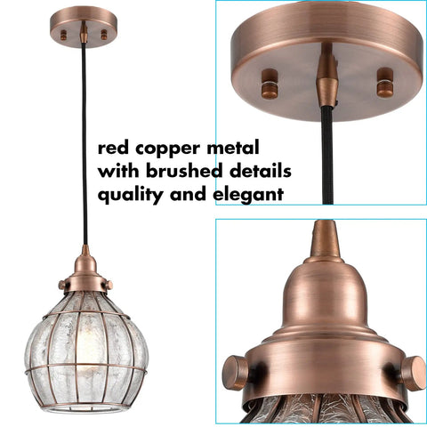 Red Antique Copper Glass Pendant Light With Cracked Glass Shade, dope dimmable hanging fixture, close-up of brushed red copper metal