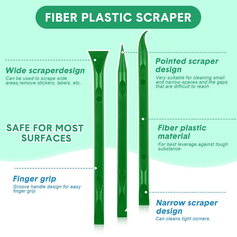 Nine Piece Plastic Scraper Tool Set showing wide, pointed, and narrow fiber plastic scrapers with grip features and design details